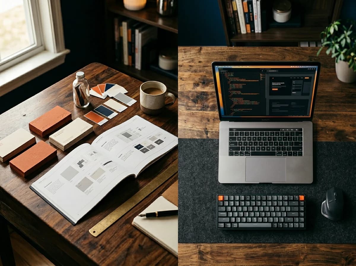 Marca y software en un mismo escritorio: identidad impresa junto a una laptop con código